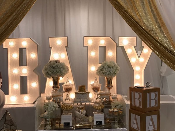 Baby shower decoration in london, baby light up letters and baby sweet table