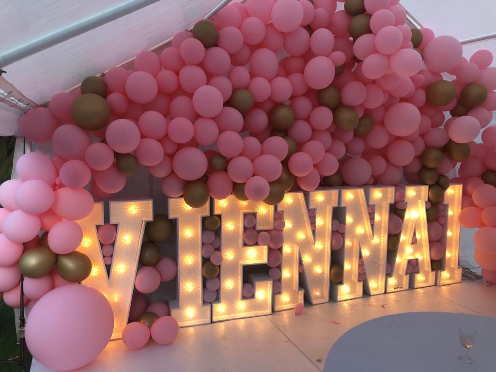 Vienna's 1st Birthday, light up letters spelling her name and a stunning balloon wall.
